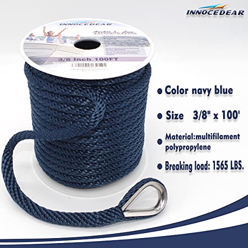 Innocedear Anchor Rope Braided Anchor Line(Navy, 3/8" X 100') Premium Solid Braid Mfp Boat Rope With Stainless Steel Thimble, Quality Marine Rope, Boat Accessories #TOP1