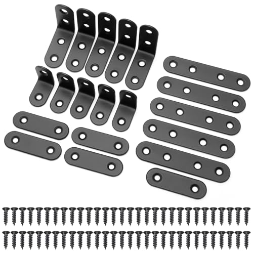 10 Soportes de Esquina en Forma L y 10 Soportes Largos y Rectos Planos, Placas de Unión de Metal de Acero Inoxidable con 60 Tornillos para Madera, Estantes, Muebles, Ventanas y Armarios, Negro