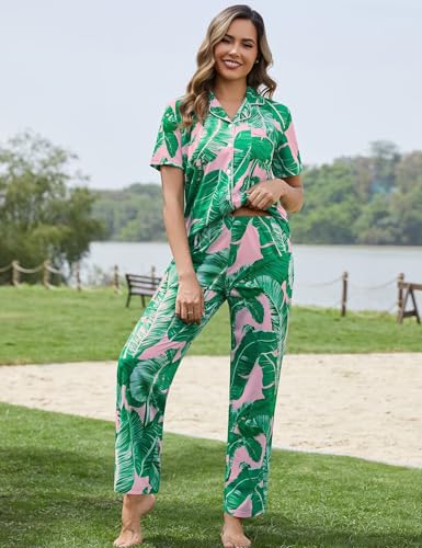 Image of SWOMOG Women Pajama Sets Two-Piece Nightwear Short Sleeve Sleepwear Button Down Pj Lounge Sets with Long Pants