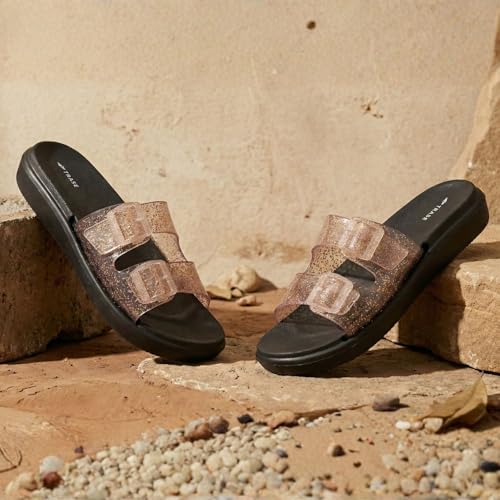 Image of TRASE Women's Glitter Slide Slippers| Double Strap Flat Slippers With Soft Cushioned Sole | Lightweight, Comfortable And Waterproof Slip-on Chappal | Stylish Daily And Casual Use Flip Flops