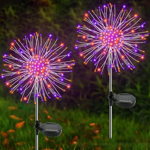 YaaFen Solar Garden Lights Outdoor, 2 Pack 120 LED Twinkling Firework Lights Decorative with 2 Modes, Outdoor Waterproof Solar Starburst Light for Outside Yard Pathway Garden Decor, Purple + Orange