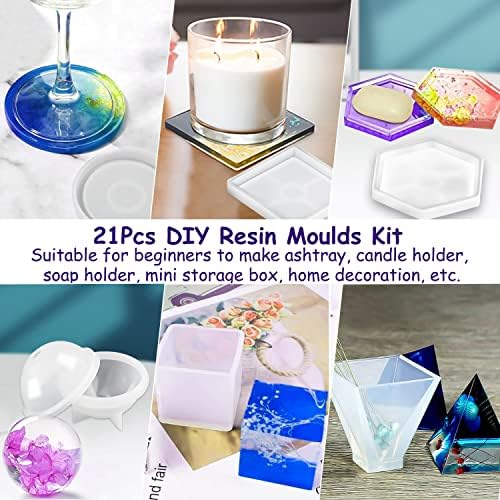 OSELEE Resin Moulds Silicone, 21Pcs DIY Epoxy Resin Moulds Kit, Resin Kits for Beginners Making Jewelry/Candle/Soap, Include Coaster, Ashtray, Cube, Pyramid, Spherical, Pendant Mold, etc
