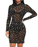 MAYFASEY Women's Sexy Sequin Stars Print Elegant Mini Dress Long Sleeve See Through Sheer Mesh Bodycon Short Tight Party Dress Black M
