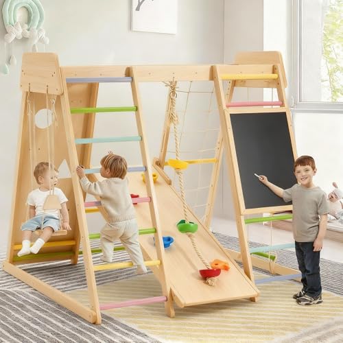 Klettergerüst Indoor,9 in 1 Indoor Spielplatz,Geeignetes klettergerüst Indoor ab 3 Jahre mit Kletterwand, Kletterseil,Wandtafel,Affenbar...
