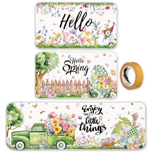 Maasechs 3 Pcs Hello Spring Kitchen Rugs and Mats Set Farmhouse Spring Floral Gnome Rugs Non Slip Washable Spring Floor Mats Rubber Backing Carpet Runner Rug Spring Kitchen Decor for Home Indoor Decor
