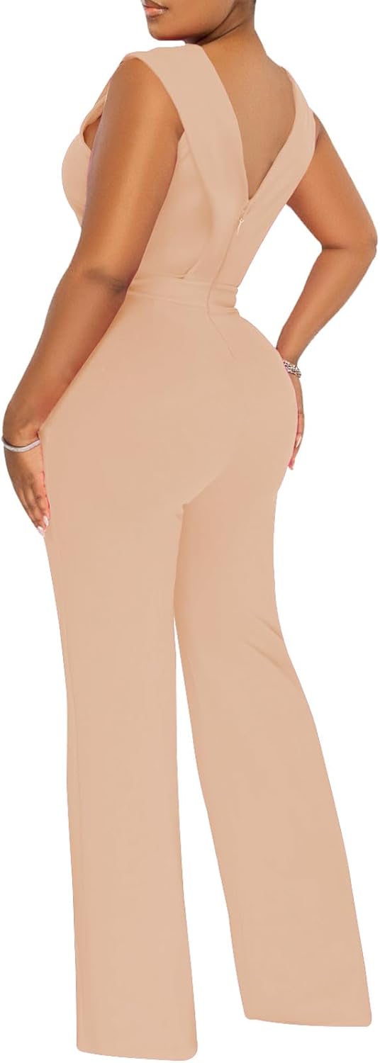 Women's Summer Formal Dressy Jumpsuits Elegant V Neck Sleeveless Party Rompers Stretchy Wrap Wide Leg Long Pants Clubwear - Image 3