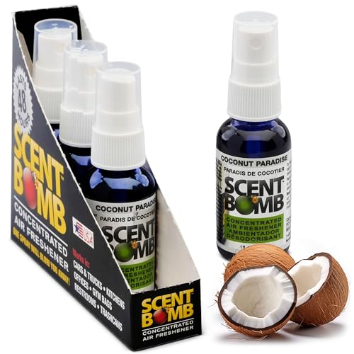 Image of Scent Bomb Air Freshener Spray, Long-Lasting Odor Eliminator - Effective Deodorizer for Home & Car, Fresh Room Spray for Kitchen, Bathroom & Smell Neutralizer - 1 oz Pack of 4, Coconut Paradise
