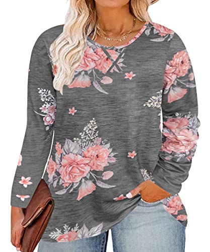 Image of CARCOS Plus Size Tops for Women Color Block Flower /Striped /Camo Crew Neck Long Sleeve Tee Shirt