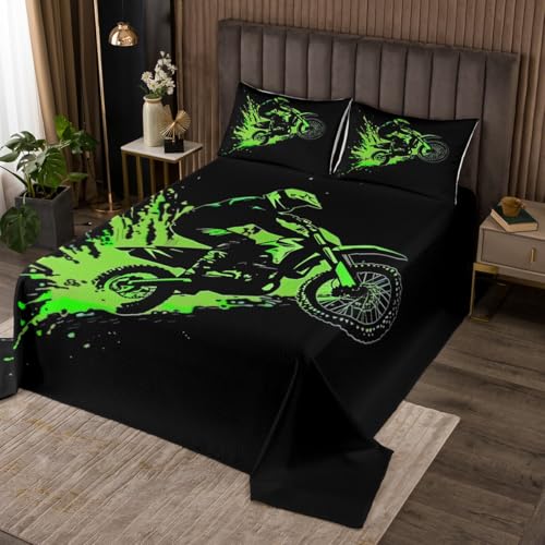 jejeloiu Dirt Bike Bedspread Queen Size Motorbike Quilted Coverlet for Boys Girls Teens Green Black Coverlet Set Breathable Soft Lightweight Microfiber