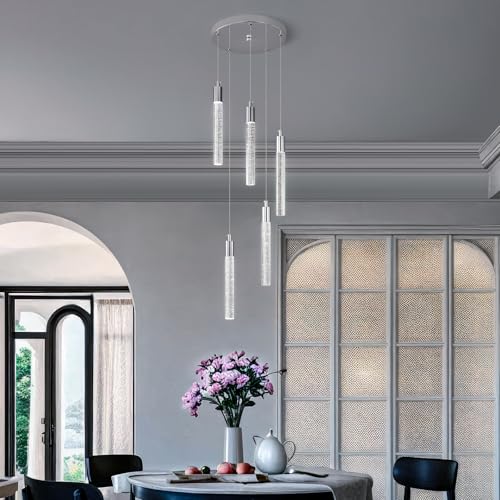 Image of Modern Light Fixture Kitchen Island Pendant Light Dimmable LED Chrome Pendant Lights Mini Crystal Pendant Lighting for Bedroom Dining Room Living Room(5-Light )