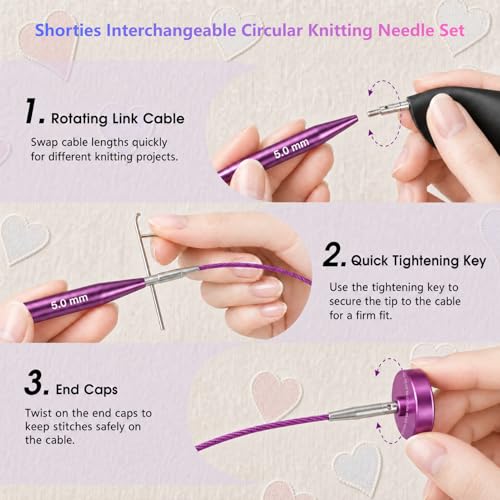 Image of Froggod 2-Inch (5.5cm) Short Interchangeable Circular Knitting Needles Set | US 2.5-11 (3.0-8.0mm) | 12-Pair Aluminum Short Needles | 4 Cables(6 inch, 8 inch, 12 inch, 22 inch) & Case for Socks, Sleeves & Small Knits