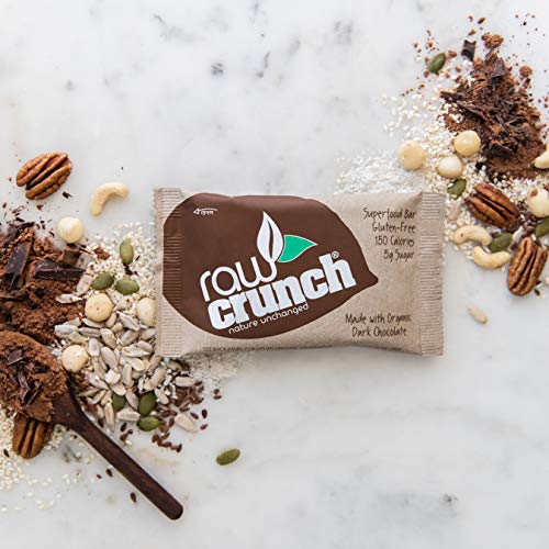 Raw Crunch Bar (Box of 12) - Organic Dark Chocolate - Gluten Free, Grain Free, Dairy Free, Low Carb, Low Sugar, Paleo, Plant Based Protein,150 Calorie Real Food Bar