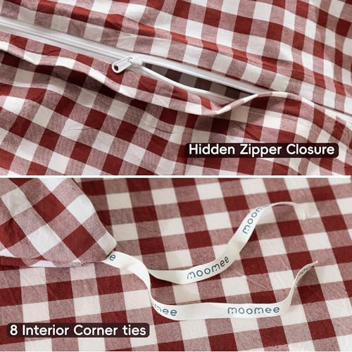 Image of MooMee Gingham Duvet Cover Set 100% Washed Cotton Linen Like Queen | Relaxed Linen-like Texture. Soft, Breathable & Long-lasting Comfort. Lightweight. Hidden Zipper with 8 Interior Corner Ties