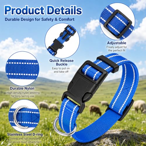 Image of 5 Pack Reflective Goat Collars with Bells, Adjustable Nylon Collar Set and Horse Sheep Grazing Copper Bells Pet Anti-Lost Loud Bronze Bell for Small Farm Animal Goat Sheep Cow Accessories