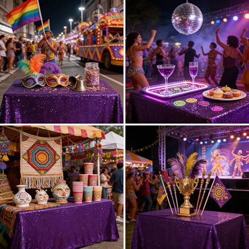 Image of B-COOL Purple Sequin Tablecloth Decorations: Sparkly Mermaid Tablecloths 50x80 Inch Halloween Glitter Table Overlay Bridal Shower Carnival Rectangular Tablecloths