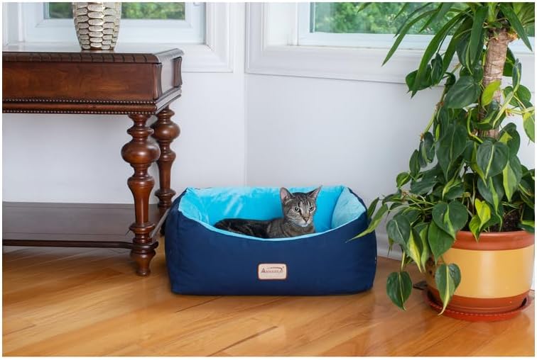 HomeStock Small Pet Bed - Navy Blue & Sky Blue - Durable Canvas & Velvet - Waterproof & Skid-Free