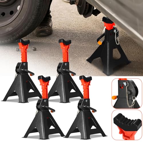 Fiqops Caballetes para Coches, Caballetes Coches de 3 Toneladas 3000kg, Borriquetas con Pasador de Seguridad y Almohadillas de Goma para apoyar el vehiculo, Altura Regulable, 4 und