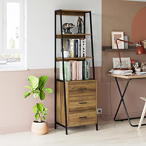 Urkno Industrial Ladder Shelves, Bookcase With Fabric Drawers And 3 Tier Open Shelves, Freestanding Storage Cabinet Tall Nightstand For Living Room, Bedroom, Office, Rustic Brown #TOP1
