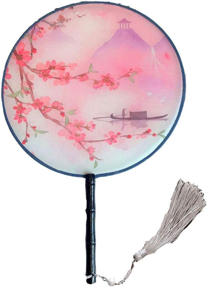 Classic Round Wooden Fans - 8.3 Diameter, Translucent Silk Cloth, 10+ Patterns, Perfect for Weddings, Decorations, and Gifts - Elegant Handheld Fans for All Occasions 14.Boat Under Flowers