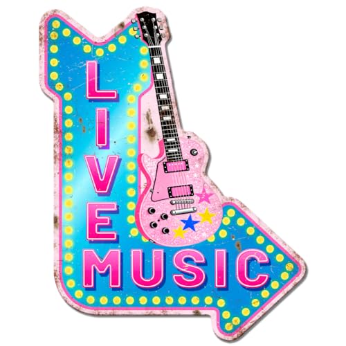 Image of GLOBLELAND Live Music Metal Tin Sign 10.6x8.5 inch Colorful Guitar Arrow Tin Signs Plaque Wall Decoration Funny Neon Music Letters Metal Wall Art Decor for Home Bedroom Cafes Bars Artist Studio