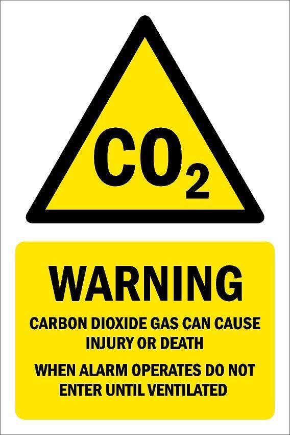 Carbon Dioxide gas can cause injury or death, when alarm operates do not enter, warning sign - Self adhesive sticker (600mm x 400mm)