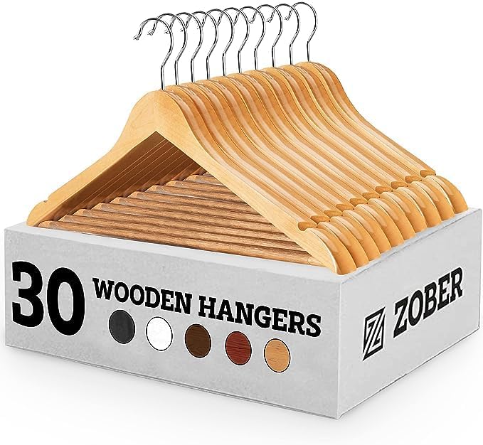 Zober Wooden Suit Hangers 30 Pack with Non Slip Pants Bar Smooth