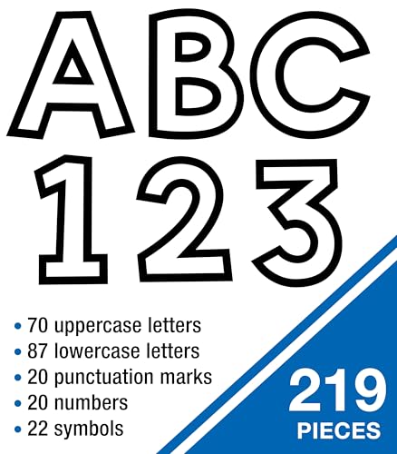 Image of Carson Dellosa Education 219-Piece White with Black Trim Cutout Letters, 4 inch Upper and Lowercase Alphabet, Numbers, Punctuation, and Symbols for Bulletin Board, Posterboard, Party, and Classroom Decor
