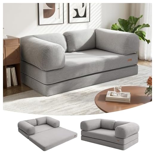 COMAX Folding Sofa Bed Queen, 4-in-1 Foldable Floor Couch Convertible Futon Sofa with Armrests Sleeper Mattress Chair Bed Comfy Portable Fold Out Lounge Guest for Living Room Bedroom, Light Grey