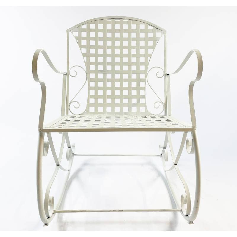 L'Héritier Du Temps Rocking Chair Louisiane Blanc Chaise Fauteuil de Jardin à Bascule Intérieur Extérieur en Métal Patiné 60x80x89cm