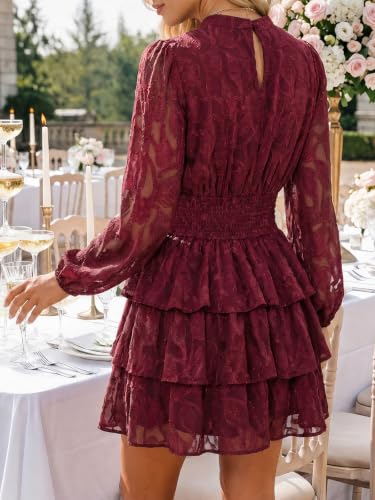 Image of Wenrine Womens Long Sleeve Mini Dress Floral Tiered Smocked Party Dresses | Cut Out, High Waist, Ruffle Design, Boho Style, Button Back, Night Out, Fall Winter