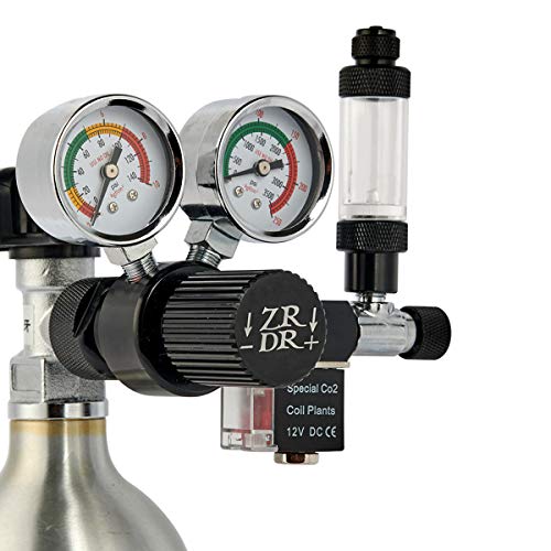 ZRDR CO2 Regulator Aquarium 12V DC CO2 Solenoid Pressure Adjustable with Big Dual Gauge Display, Bubble Counter, Check Valve, and Installing Tool, CGA320 Side Open Cylinder