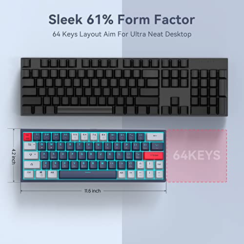 Loreran Okb120 Wireless 61% Mechanical Keyboard, Modes Bt5.0/2.4G/Wired, Backlit Ultra-Compact 64 Keys Gaming Keyboard With Stand-Alone Arrow/Control Keys (Hot Swappable Red Switch, Blue) #TOP3