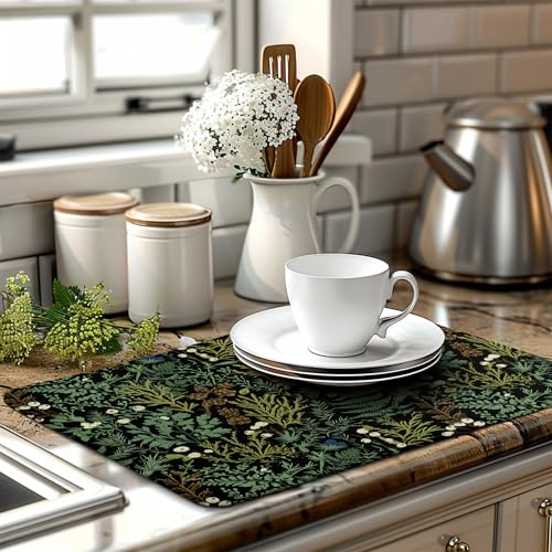 Black Sage Green Plant Dish Drying Mat for Kitchen Counter Vintage Botanic Fern Leaves Floral Dish Drainer Mats Absorbent Microfiber Dishes Pad Reusable Washable Large Dish Draining Mat 18x24 Inch by Wnoesat - Image 6