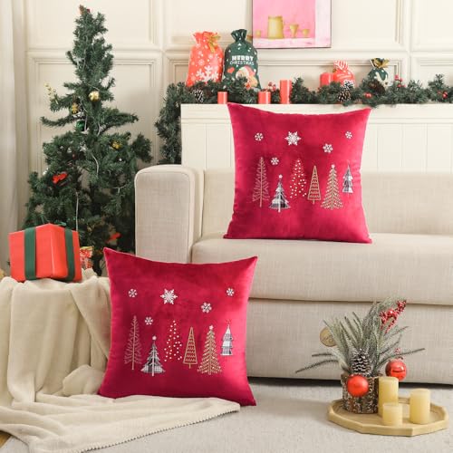 Tosleo Set of 2 Velvet Cushion Covers Christmas Deco 18 x 18 Inch Red Merry Xmas Many Christmas Trees Winter Decorative for Sofa Bed Chair Living Room Home - Image 3