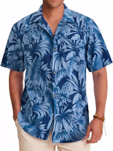 ALLOVIN Premium Linen & Tencel Mens Tropical Hawaiian Shirt Loose Fit Floral Button Down for Summer Beach & Holiday Party