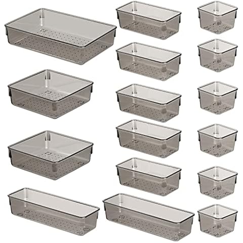 16 Packs Desk Drawer Organiser Trays, 5-Size Make-up Organiser, Clear Dividers Storage Bins, Versatile Vanity Trays, Drawer Inserts Organiser,Plastic Storage Boxes for Kitchen Bedroom Office,Black Cover