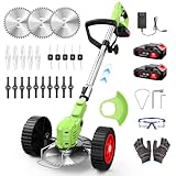 草刈り機 充電式 高性能 21V 4000mAhのバッテリー総容量 強力電動草刈り機 1880W 低騒音 補助ホイール 伸縮可 角度調整可 多替刃付き 農業および家庭用の芝刈り機 充電式 日本語説明書付き 緑07