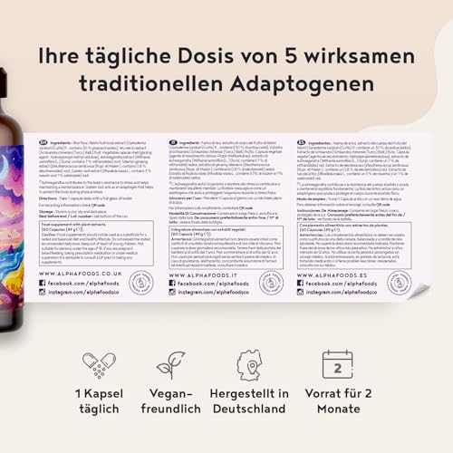 Ruhe & Ausgleich | 60 Vegane Kapseln | Entspannung mit Adaptogenen | Ashwagandha, Reishi, Schisandra, Sibirischer Ginseng, Rosenwurz | HPCL-Laborgeprüft | Alpha Foods