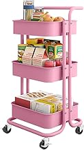SPOWAY 3-Tier Kitchen Cart, Rolling Metal Cart with Handle and 2 Lockable Wheels, 3 Tier Utility Cart Multifunctional Rolling Utility Cart for Kitchen Bathroom Living Room Office, Pink