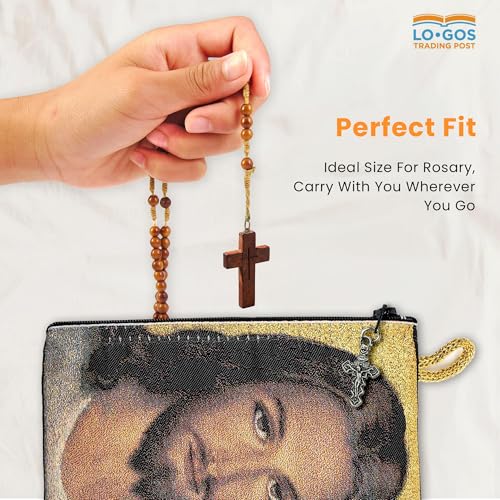 Image of Catholic Rosary Pouch, 4 inch x 6 inch Jewelry & Coin Purse with Cross, Small Woven Tapestry Icon Bag, Bolsa de Rosario Catolico para Joyeria, Virgin Mary and Baby Jesus & Face of Christ, 4 inch x 6 inch