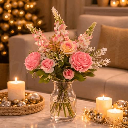 Image of Divyakosh Artificial Flower Bunch - Multiflora Fabric Roses Fake Sticks for Home Decor, Bedroom, Living Room, Wedding & Festive Decoration (Multicolour, Pack of 1, Without Vase)