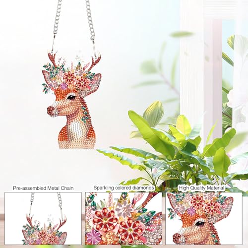 Image of Deer Animal Diamond Painting Hanging Kit - DIY Acrylic 5D Special Shaped Diamond Art Pendant Ornament Board for Wall, Door Garden Decoration, Handmade Craft Kit Gift for Adults and Beginners