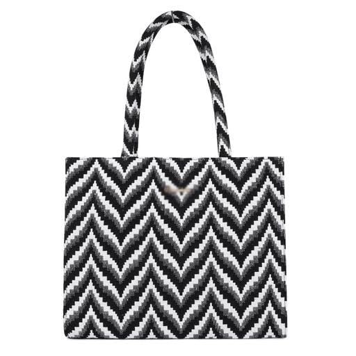 SiddhaSwari Chevron Pattern Tote Bag, Black and White Zigzag Design, Woven Handles