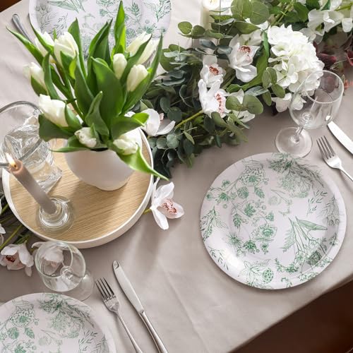 Roshtia 100 Pcs Sage Green Floral Paper Plates Bulk 7 Inch 9 Inch Wedding Disposable Plates Set 50 Guests Sage Green Paper Plates Green Dessert Plate for Spring Summer Wedding Party Bridal Baby Shower - Thumbnail 4