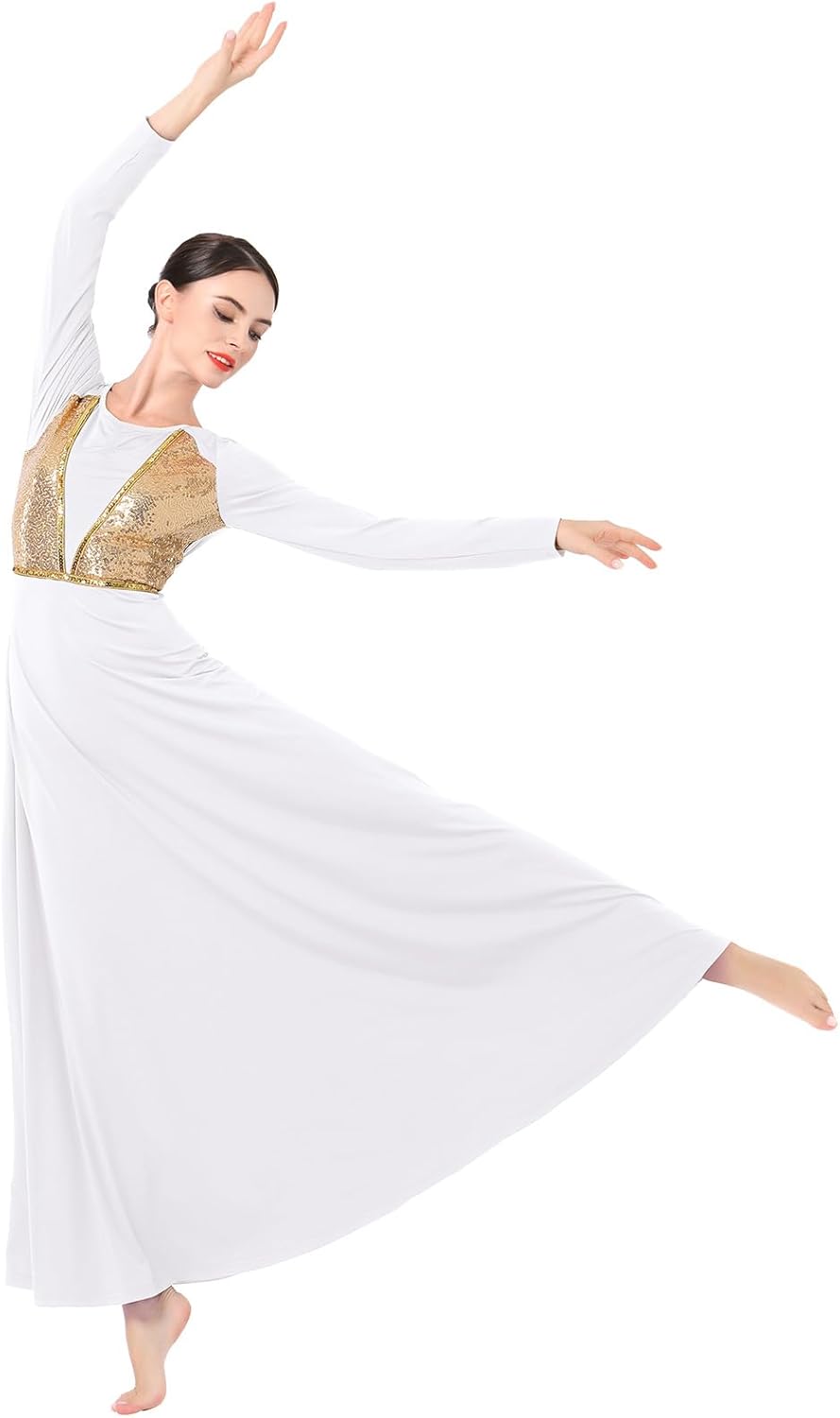 AFAVOM Praise Dance Dress for Women Sequin Gold Long Sleeve Lyrical Dance Dress Shiny Liturgical Worship Dancewear Costume
