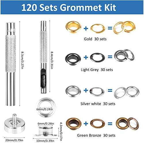 Eyelet Punch Kit120 Sets 6mm Grommet Set with Hole Punch Tool, Fastened Tool and Metal Base,Eyelets for Fabric,Leather,Clothes,Canvas Hole Punches (Silver/Green Bronze/Gold/Grey)