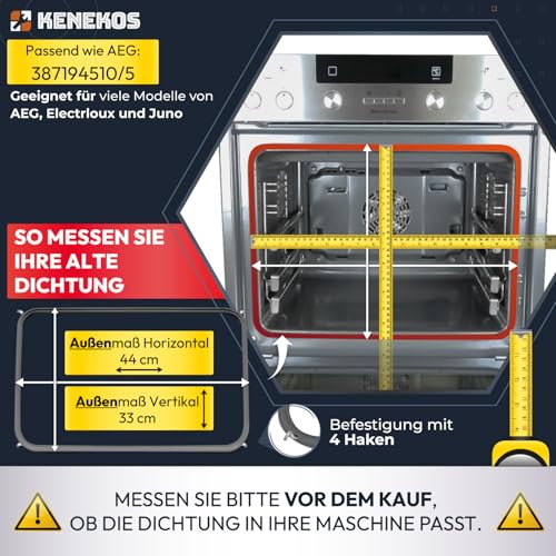 Kenekos - Backofen Türdichtung 44x33 cm geeignet für AEG Competence, Electrolux 387194510/5 3871945105 387194510 Juno Backofendichtung Gummidichtung Dichtung rundum 4 Haken für Backofen Ofen Herd