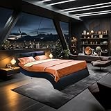 PAUKIN Queen Bed Frame with Massage Function, Upholstered Platform Bed with Bluetooth Speakers and Led Lights. Slatted Support, No Springs Required, Easy to Assemble. (Black)