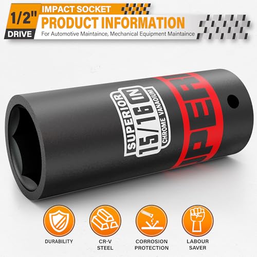 Image of 1 /2 inch Drive Impact Socket, 15 /16 inch Deep Socket, SAE, 6 Point, CR-V, for Car Repair, Loosen the Fastening Nut