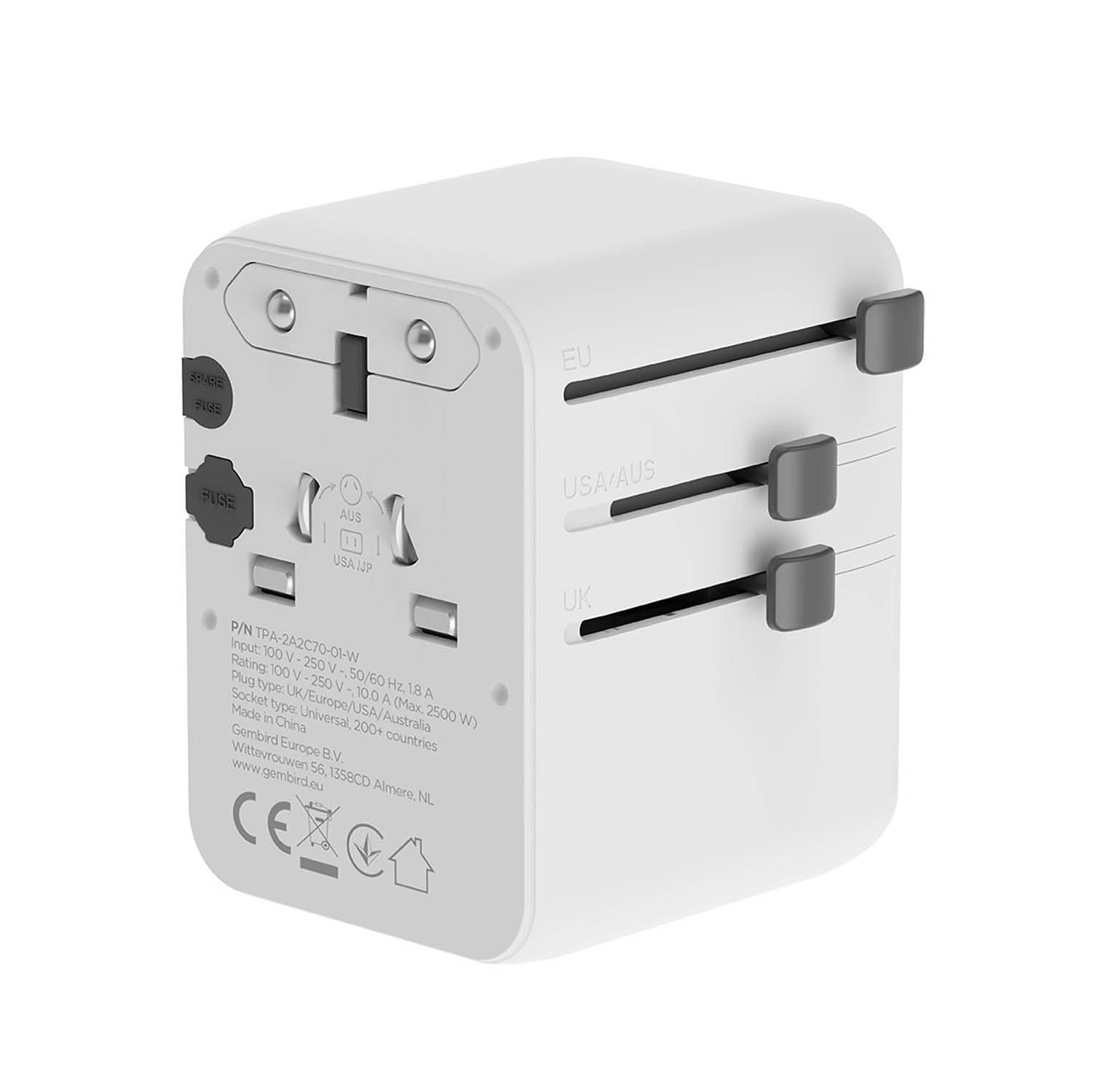 Gembird Universeller Reise-Adapter 70W – Kompakt und Schnellladefähig, Ideal für Smartphone, Tablet und USB-Geräte, Weiß